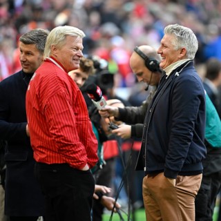 TV expert Bastian Schweinsteiger talking with goalkeeper Oliver Kahn FC Bayern Munich FCB soccer