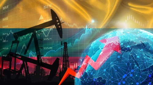 Global oil growth with Lithuanian flag. International oil exports with Lithuania flag on the
