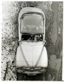 USA, vintage car, Ford, transparent car roof, woman, winter, A bird's-eye view car on a wet road