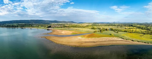 Aerial view, panorama of the Radolfzell Aachen estuary at historic lows, low tide at water level
