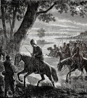 Russo-Ottoman War (1877–1878), Cossack horsemen crossing the Danube. In the foreground, a horseman