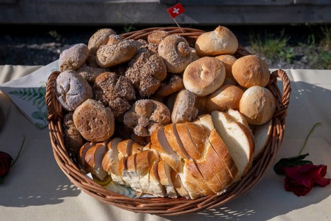 Basket with wholemeal rolls, Mutschli and Zopf, Kandersteg, Switzerland