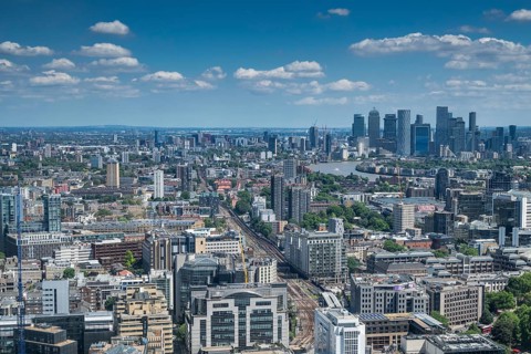 View of London from 20 Fenchurch Street skyscraper with Canary Wharf financial center, London,