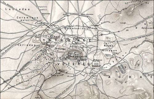 Historical map of ancient Athens, Greece, Europe, Historischer Stadtplan vom antiken Athen,