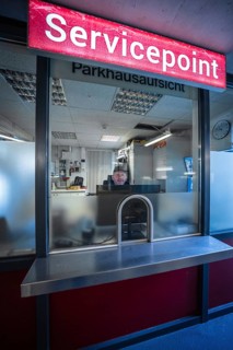 Service point with view of an office in the multi-storey car park, ZOB multi-storey car park of