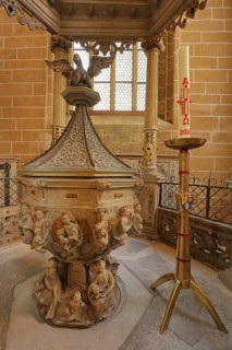 Baptismal font with candlestick, interior view of the UNESCO cathedral, gothic, arts and crafts,