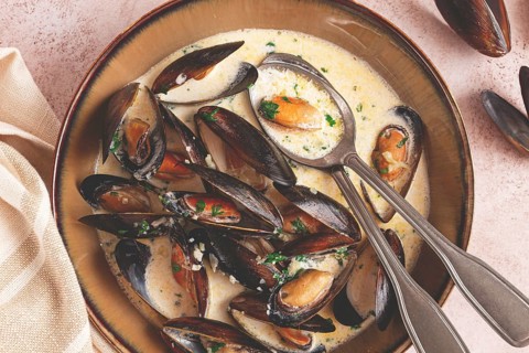 Mussels in creamy garlic sauce, served with fresh herbs and spices, homemade, no people