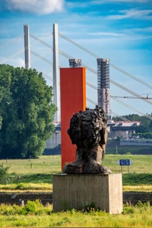 View of the right bank of the Rhine near Duisburg-Kasslerfeld and Ruhrort, Rhine orange sculpture