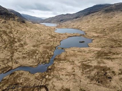 Aerial photo of the rough highland landscape on the Isle of Mull, Inner Hybrides, Scotland, UK