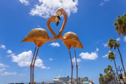 Iconic twin flamingo sculptures forming a heart shape at the Oranjestad waterfront, Aruba, with a