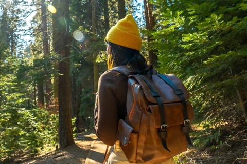 Woman in yellow beanie and brown backpack trekking a sunlit redwood trail, soaking in towering