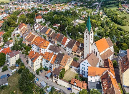 City view of Engen in Hegau. Old town with church. aerial view. Engen, Baden-Württemberg, Germany