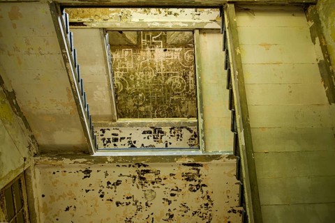 Dilapidated stairwell, former lung hospital and lost place health resort Grabowsee, Oranienburg,