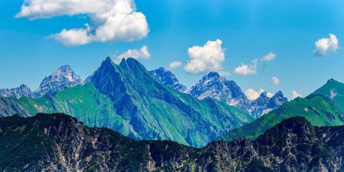 Summer in the Alps, mountain panorama from Fellhorn 2037 m, of the green grassy Höfats, 2259 m,