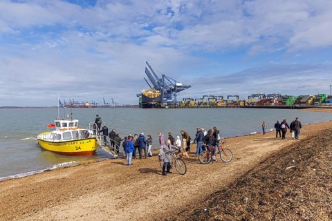 Harbour ferry, people, bicycle, beach, container port, container ship, Felixstowe, England, Great