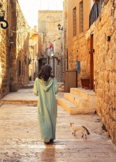 Woman in traditional abaya walking with cat through narrow stone alley in historic city of Mardin