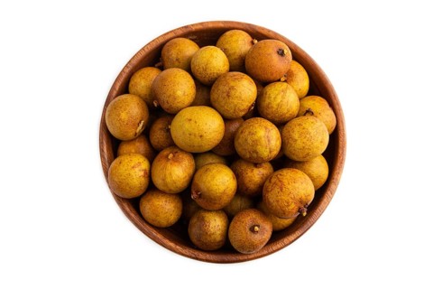 Ripe Longan in wooden bowl isolated on white background, Top view, flat lay, close up, minimalism