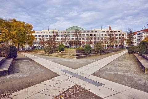 Wilhelmgalerie commercial building, Platz der Einheit park, general architecture, trees, paths,