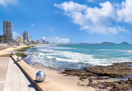 Famous Mazatlan sea promenade, El Malecon, with ocean lookouts, tourist beaches and scenic