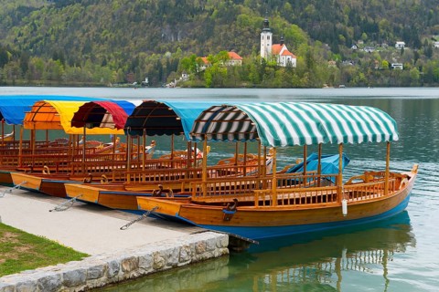 Several colourful boats lying side by side on the shore of a lake against a mountain backdrop, Lake