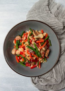 Wok, Asian-style vegetables, street food, mixed vegetables, no people, top view