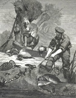 The scene shows a fisherman on the bank of a river or lake, pulling a bulging fishing net out of