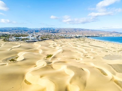 Dunas de Dunes of Maspalomas Aerial view from above Desert on Gran Canaria Island trip in