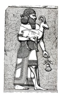 Ancient Assyrian illustration of a relief from the palace of Chorsabad, it shows a typical Assyrian