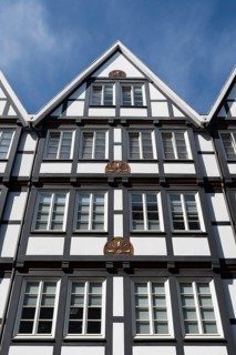 Historisches Gieblhaus, detail, half-timbered house, pedestrian zone, Brüderstraße, Soest,