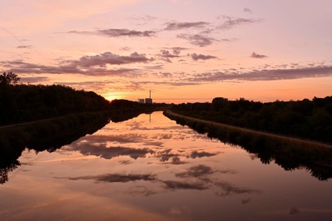Datteln-Hamm Canal and Gersteinwerk power plant at sunrise, Bergkamen, North Rhine-Westphalia,