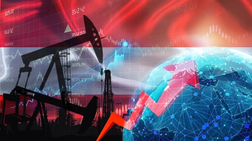 Global oil growth with Austrian flag. International oil exports with Austria flag on economic chart