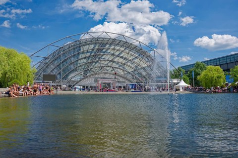 New Leipzig Trade Fair Centre, Leipzig Trade Fair, with glass entrance hall and water basin, trade