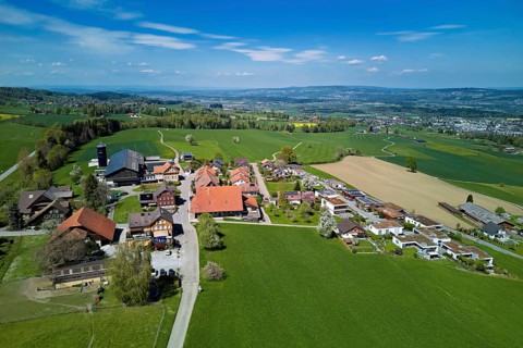 View of the village with farms, Geltwil, Freiamt, Canton of Aargau, Switzerland