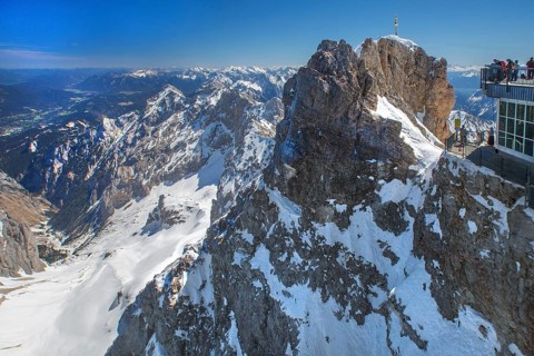 Viewing terrace on the Zugspitze summit 2962m with summit cross, Garmisch-Partenkirchen,