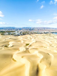 Dunas de Dunes of Maspalomas Aerial view from above Desert on Gran Canaria Island trip in
