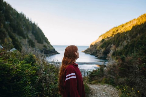 Side view of unrecognizable woman gazing at the serene waters of Shoe Cove Beach, surrounded by