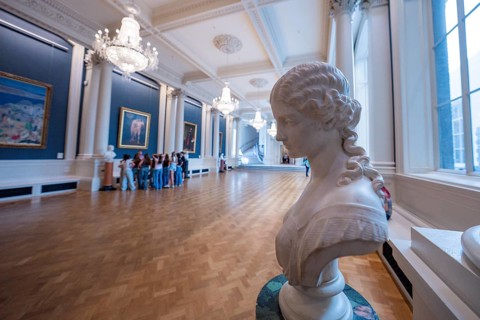 Marble bust in an elegant gallery with high ceilings and chandeliers, National Gallery of Ireland,