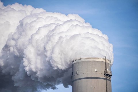 Chimney of the Uniper Maasvlakte power plant, coal-fired power station, in the seaport of