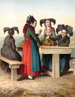 Traditional costumes in Germany around 1820, Baden, Stauffen and Müllheim, Four woman in