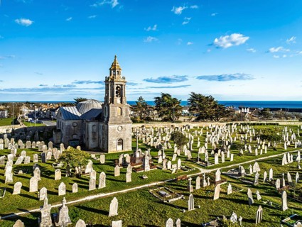 St George's Church and Cemetery froim a drone, Reforne, Portland, Dorset, England, United Kingdom