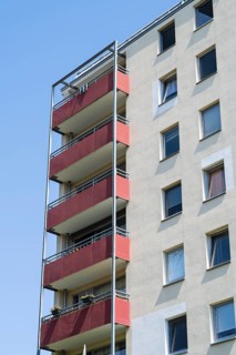 Facade of a high-rise building with balconies and flat roof, Soest, Westphalia, North