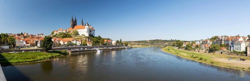 City view as panorama with Albrechtsburg Castle, bishop's seat and cathedral with Elbe, Meissen,