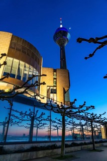 Rhine Tower, evening, state parliament building, North Rhine-Westphalia state parliament, sunset