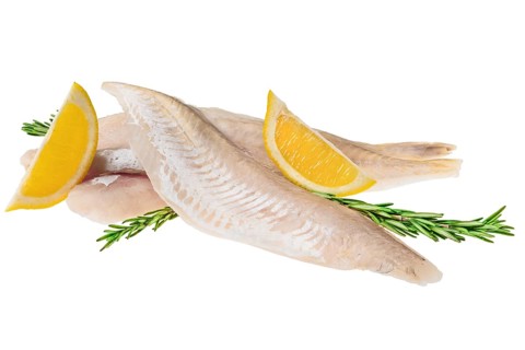Hake fillets are placed on a white surface with lemon slices nearby. Sprigs of herbs add color to