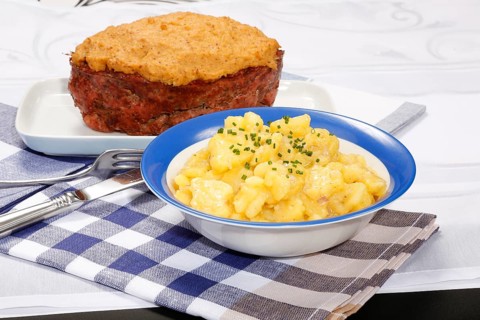 Swabian cuisine, Stuttgarter Leberkäs in a horseradish-mustard coating, Swabian potato salad,
