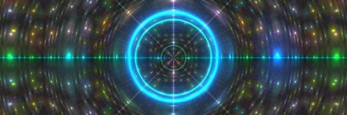 This image captures a vibrant abstract galaxy with luminous concentric circles and streaks of light