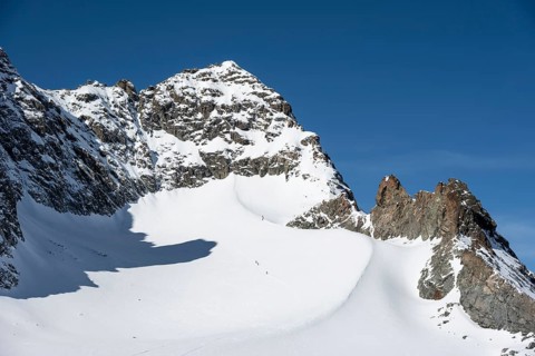 View of Piz Kesch mountain peak and Vadret da Porchabella glacier, Bündner Haute Route ski tour,