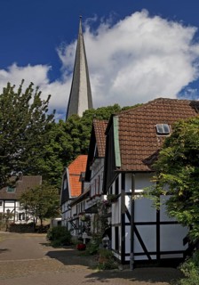 The old town centre with half-timbered houses and the church tower of Sankt Viktor, Schwerte, Ruhr