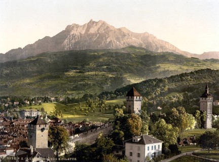 Lucerne, Musegg and Pilatus, Pilatus, Switzerland, Historical, digitally restored reproduction from