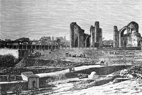 Cityscape of Samarkand, ruins, paths, camels, people, travelling in Asia, Uzbekistan, historical
